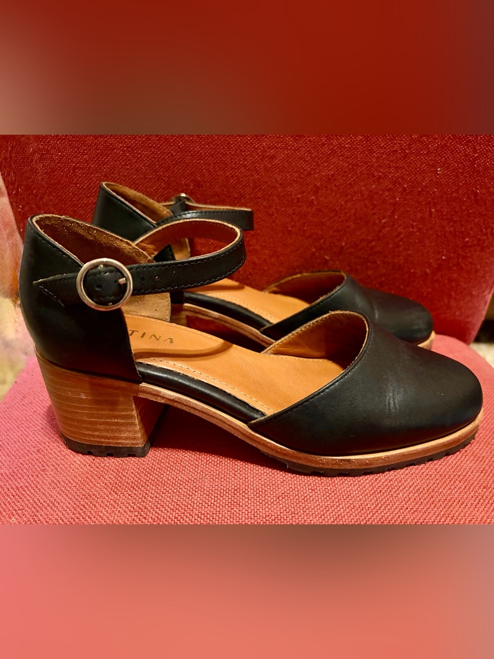 Black Ankle-Strap Block Heel Mary Jane with Wood-Effect Heel Patina
